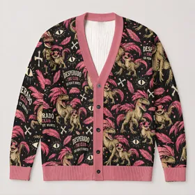 Pink Punk Dinosaur Duo Retro Style for Everyday Casual Layering Teen Girls All-over Print Knitted Cardigan