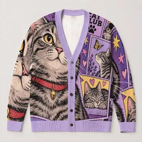 Gray Tabby Cat Comic Collage for Halloween and Everyday Cat Lover Style All-over Print Knitted Cardigan