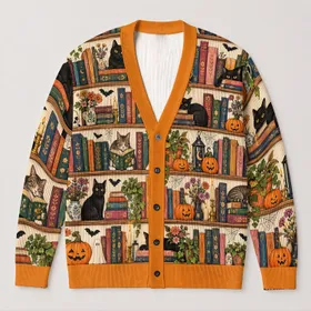 Halloween Bookshelf Cats and Pumpkins for Cozy Autumn Reading Nights All-over Print Knitted Cardigan