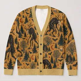 Wendigo Skull Forest Scene for Halloween Nights and Dark Autumn Adventures All-over Print Knitted Cardigan