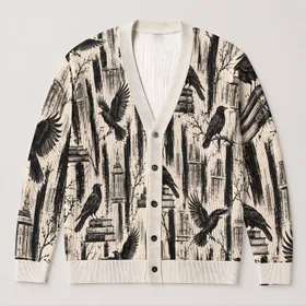 Black Crows Perched on Books for Moody Autumn Reading and Everyday Layering Style All-over Print Knitted Cardigan