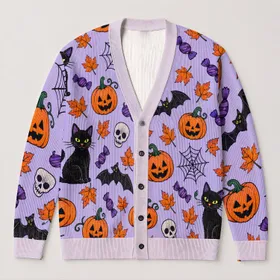 Halloween Cat, Pumpkin and Bat Motifs for Cozy Autumn Celebrations All-over Print Knitted Cardigan