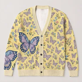 Folk Butterfly and Heart Motifs for Colorful Everyday Winter Layering All-over Print Knitted Cardigan