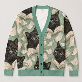 Black Cats Reading Open Books for Cozy Bookish Fall Days and Quiet Library Lovers All-over Print Knitted Cardigan