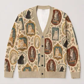 Vintage Framed Reading Cats for Back to School Library Days and Cozy Autumn Study Style All-over Print Knitted Cardigan