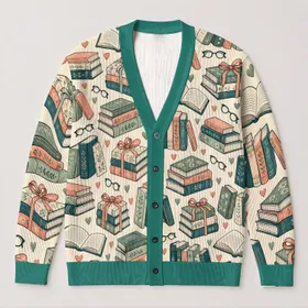 Stacked Books Hearts and Glasses for Cozy Fall Reading and Book Club Style All-over Print Knitted Cardigan