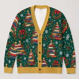 Book Stack Trees and Bow Wreaths for Cozy Holiday Reading Nights for Teen Book Lovers All-over Print Knitted Cardigan