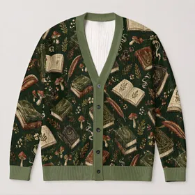 Antique Books and Mushrooms for Halloween Dark Academia Study Style All-over Print Knitted Cardigan