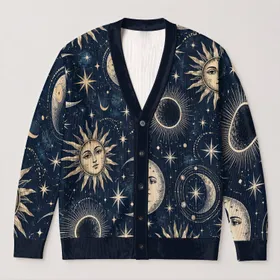 Vintage Celestial Sun and Moon Astrology for Everyday Layering and Night Skies All-over Print Knitted Cardigan