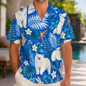 Playful Tropical Bear and Island Animal Friends for Sunny Beach Getaways and Vacations Hawaiian Shirt
