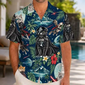 Space Cats with Red Energy Swords for Relaxed Island Holidays and Sci-Fi Fans Hawaiian Shirt