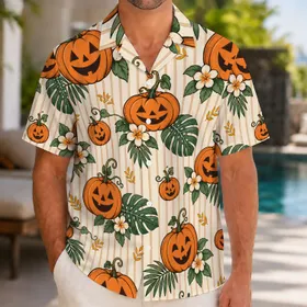 Pumpkin Lanterns and Autumn Stripes for Halloween Park Days and Fall Festival Fun Hawaiian Shirt