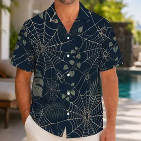 Spider Web Woodland Motif for Halloween Getaways and Nighttime Adventures for Men Hawaiian Shirt