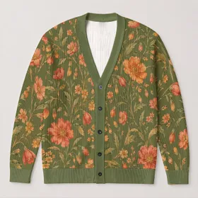 Watercolor Coral Peonies and Wildflower Sprigs for Cozy Autumn Everyday Layering All-over Print Knitted Cardigan