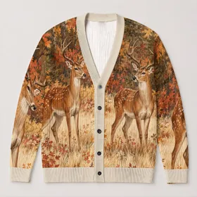 Pair Of Antlered Deer In Autumn Woodland For Cozy Fall Outings And Nature Lovers All-over Print Knitted Cardigan
