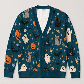 Ghosts Cats Pumpkins And Bats For Cozy Halloween Season Layering All-over Print Knitted Cardigan