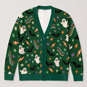 Halloween Ghost Bat Candy Stars for Cozy October Celebrations and Festive Layering All-over Print Knitted Cardigan