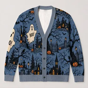 Haunted Village Ghosts And Pumpkins For Cozy Halloween Nights And Autumn Wear All-over Print Knitted Cardigan