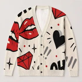 Red Lips And Diamond Pop Art For Playful Everyday Layering And Cozy Casual Style All-over Print Knitted Cardigan
