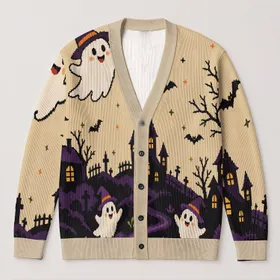 Haunted Village Ghosts and Pumpkins for Cozy Autumn Halloween Celebrations at Home All-over Print Knitted Cardigan