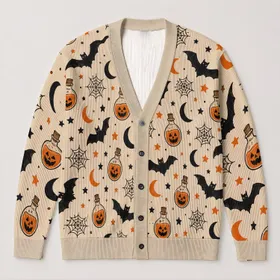Halloween Bats, Moons And Potion Bottles For Cozy Autumn Nights And Everyday Style All-over Print Knitted Cardigan