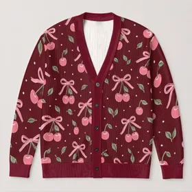 Pink Cherry Bow Motifs for Sweet Autumn Outings and Cozy Everyday Layering Looks All-over Print Knitted Cardigan