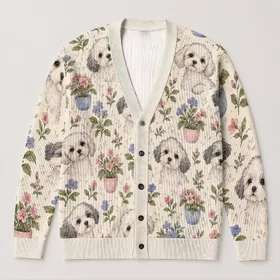 Watercolor Puppy And Potted Flower Motifs For Relaxed Everyday Outings For Women All-over Print Knitted Cardigan