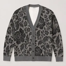 Gray Black Floral Jacquard Motifs for Cozy Autumn Layering and Vintage Everyday Style All-over Print Knitted Cardigan