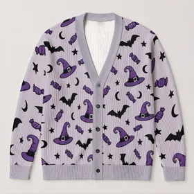Witch Hats Bats Stars and Candy for Halloween Parties and Autumn Nights All-over Print Knitted Cardigan