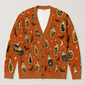 Potion Bottles, Bats and Crescent Moons for Cozy Halloween and Autumn Nights All-over Print Knitted Cardigan