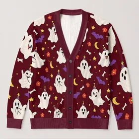 Playful Party Hat Ghosts for Halloween Celebrations and Cozy Autumn Days All-over Print Knitted Cardigan