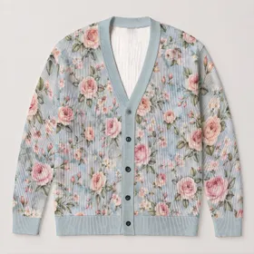 Blush Rose Garden Florals for Coastal Everyday Style and Relaxed Weekend Layering All-over Print Knitted Cardigan