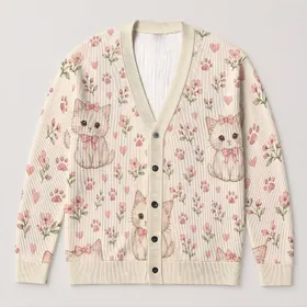 Blush Bow Kitten Hearts And Paw Prints For Cozy Autumn Days And Sweet Cat Lovers All-over Print Knitted Cardigan