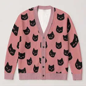 Black Cat Faces on Dusty Rose for Cozy Everyday Autumn Layering All-over Print Knitted Cardigan