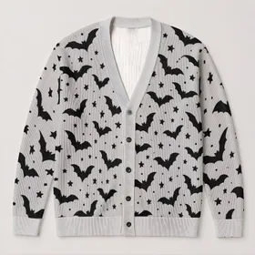 Black Bat And Star Motifs For Spooky Season Everyday Layering All-over Print Knitted Cardigan