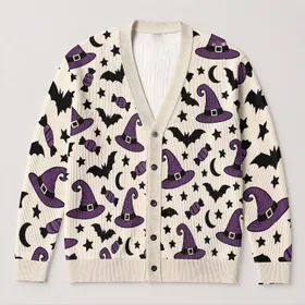 Purple Witch Hats, Bats and Stars for Halloween Nights and Spooky Season All-over Print Knitted Cardigan