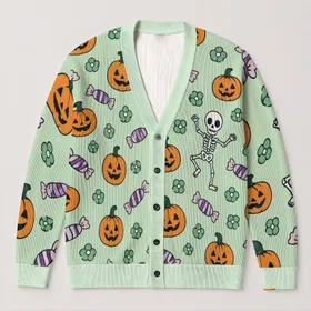 Halloween Pumpkins Candy Skeleton Flowers for Cozy Spooky Autumn Celebrations for Women All-over Print Knitted Cardigan