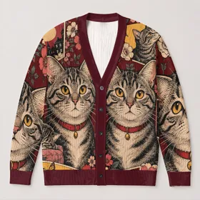 Vintage Tabby Cat Comic Collage for Halloween Season and Everyday Cat Lovers All-over Print Knitted Cardigan