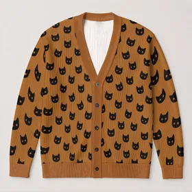 Black Cat Faces on Caramel for Cozy Autumn Outfits and Everyday Layering All-over Print Knitted Cardigan