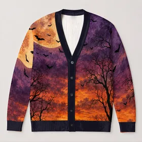 Golden Harvest Moon and Flying Bats for Spooky Autumn Evenings and Halloween Nights All-over Print Knitted Cardigan
