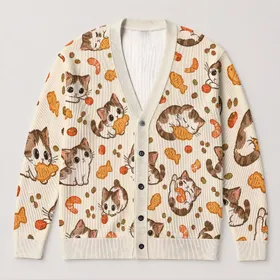 Wide-Eyed Kittens And Tiny Treats For Playful Halloween Season Layering All-over Print Knitted Cardigan