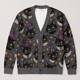 Black Cat Witch Hats and Stars for Cozy Autumn Nights and Everyday Layering Style All-over Print Knitted Cardigan