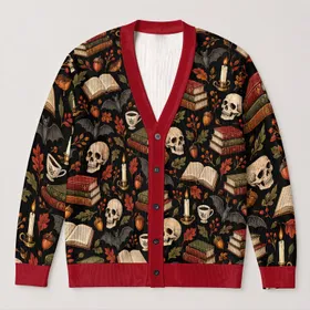 Gothic Skull And Book Motifs For Halloween Parties And Cozy Autumn Days For Teens All-over Print Knitted Cardigan