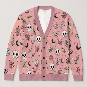 Pastel Halloween Skulls, Moons and Candy for Cozy Autumn Everyday Style for Women All-over Print Knitted Cardigan