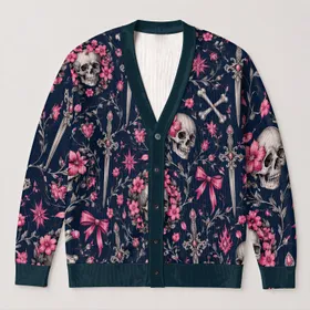 Pink Bow Skull and Gothic Sword Motifs for Halloween Style and Dark Romance All-over Print Knitted Cardigan