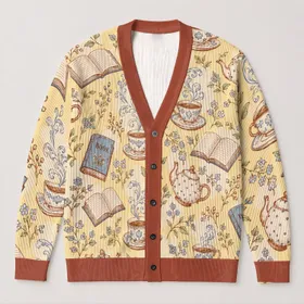 Vintage Teapot And Book Reading Motifs For Cozy Autumn Study And Quiet Evenings For Teens All-over Print Knitted Cardigan