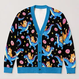 Cute Blue Dinosaur Carrying Orange Cat With Donuts for Halloween Casual Layering Teens All-over Print Knitted Cardigan