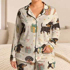 Cute Dachshund Gift Motif for Cozy Holiday Lounge Style, Soft Boutique Home Wear Satin Pajamas Set