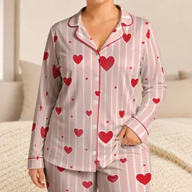 Blush Pink Candy Stripes With Cherry Hearts for Cozy Spring Bedtime Relaxation Wear Satin Pajamas Set