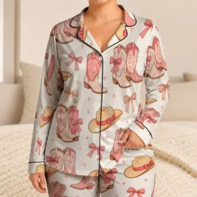 Pink Cowboy Boots And Bows Western Loungewear Look For Women, Warm White Cozy Base Satin Pajamas Set